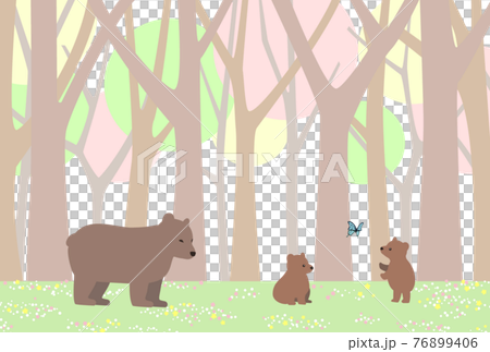 熊の絵　春夏秋冬 春が訪れ草花の咲く森で遊ぶクマの親子と蝶のイラストのイラスト素材