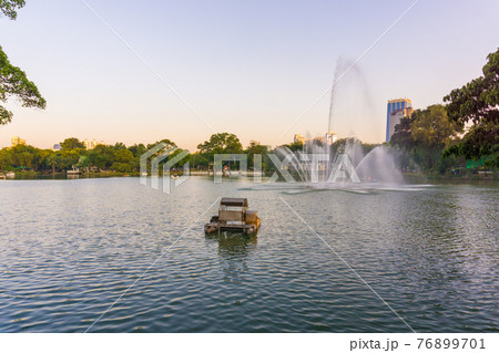 Lumpini park business district Bangkok cityscape from park with sunset sky Lumpini park business district Bangkok cityscape from park with sunset sky 76899701