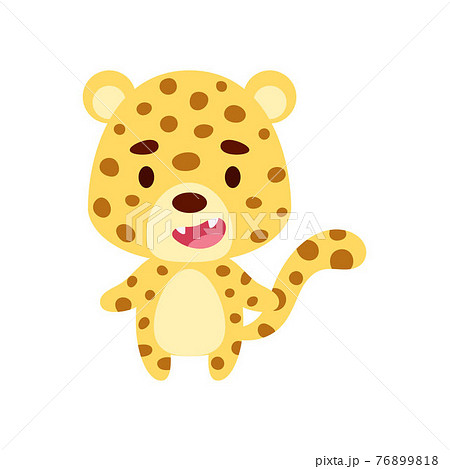 Cute little cheetah on white background. Cartoon animal character for kids cards, baby shower, birthday invitation, house interior. Bright colored childish vector illustration. 76899818