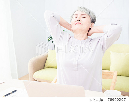 Overworked senior middle aged lady massaging neck feeling hurt pain. Overworked senior middle aged lady massaging neck feeling hurt pain. 76900297