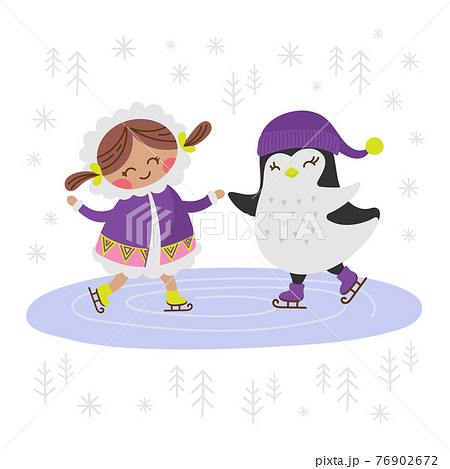 ESKIMO GIRL AND PENGUIN Alaska Winter Holiday Comic Funny Animal Flat Design Cartoon Hand Drawn Vector Illustration Set For Print 76902672