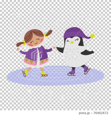 ESKIMO GIRL AND PENGUIN Alaska Winter Holiday Comic Funny Animal Flat Design Cartoon Hand Drawn Vector Illustration Set For Print 76902672