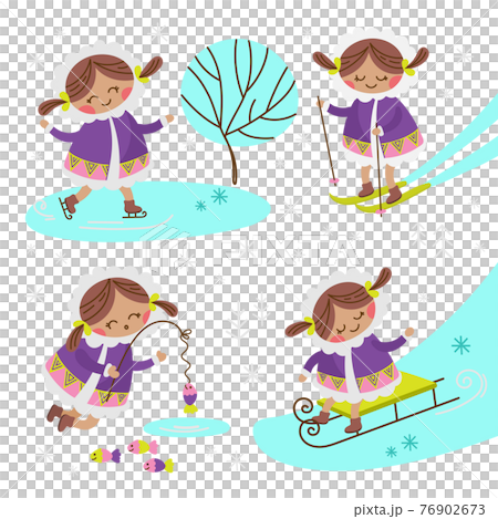 ESKIMO GIRL Alaska Winter Child Characters Comic Funny Flat Design Cartoon Hand Drawn Vector Illustration Set For Print ESKIMO GIRL Alaska Winter Child Characters Comic Funny Flat Design Cartoon Hand Drawn Vector Illustration Set For Print 76902673
