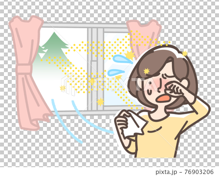窓から花粉が入って来て困る女性 76903206