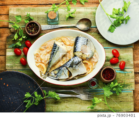 Delicious steamed mackerel,top view 76903401