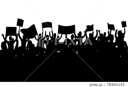 Peaceful protest and revolution. Silhouette of riot protesting crowd demonstrators with banners and flags. People on the meeting, crowd with banners. Vector illustration of conflict 76904195