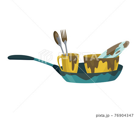 Dirty dishes plates and cups saucepan with remains fat stains. Stack of dirty kitchen utensil and dinnerware vector flat set for web design. Household and kitchenware concept Dirty dishes plates and cups saucepan with remains fat stains. Stack of dirty kitchen utensil and dinnerware vector flat set for web design. Household and kitchenware concept 76904347