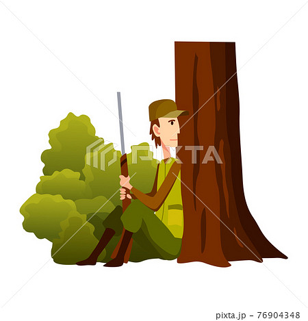 Hunter character with rifle sitting by a tree. Man with a gun in camouflage in cartoon style. Human with weapons on hunting Hunter character with rifle sitting by a tree. Man with a gun in camouflage in cartoon style. Human with weapons on hunting 76904348
