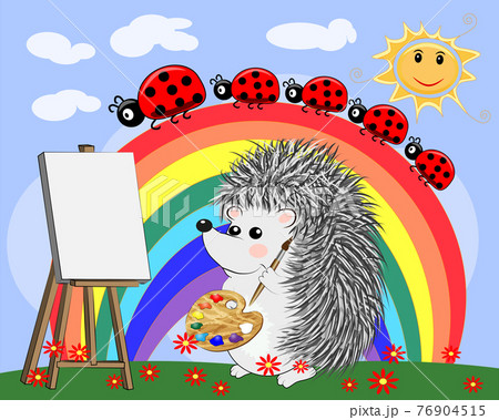 Artist paints a picture of landscape in the nature. Plein Air. illustration in a flat style 76904515