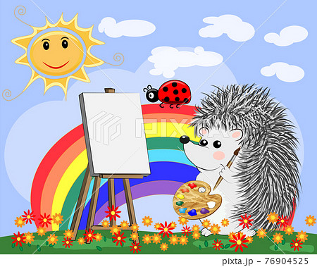 Artist paints a picture of landscape in the nature. Plein Air. illustration in a flat style 76904525