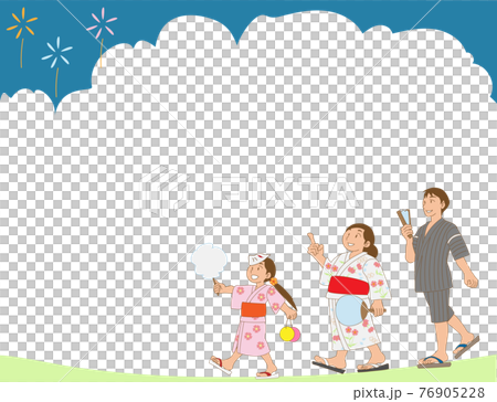 Frame material for families enjoying summer festivals in yukata 76905228