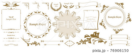 アンティーク ヴィンテージ フレーム セット 飾り罫 エレガント 罫線 金 レトロ 羽 翼 葉のイラスト素材
