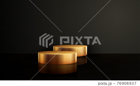 Minimal black scene with geometric shapes. Cylindrical gold and black podium on a black background. 3D stage for displaying a cosmetic product Minimal black scene with geometric shapes. Cylindrical gold and black podium on a black background. 3D stage for displaying a cosmetic product 76906937