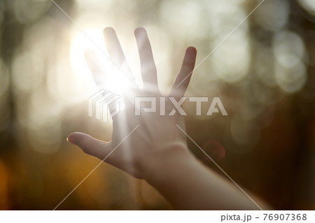 Faceless picture, man's hand covering sunlight,l sun shiing through hand, image of human's hand covering sun, bright rays of sun, isolated over park or forest background. Nature concept. 76907368