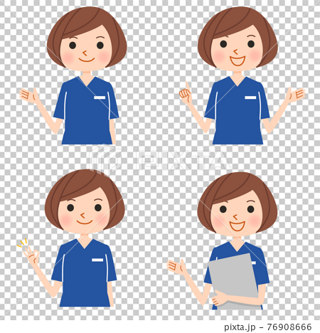 スクラブを着ている女性看護師または介護士のイラストセット 紺色 のイラスト素材