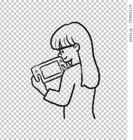 Line drawing illustration of a woman playing a game on a game console Line drawing illustration of a woman playing a game on a game console 76909129