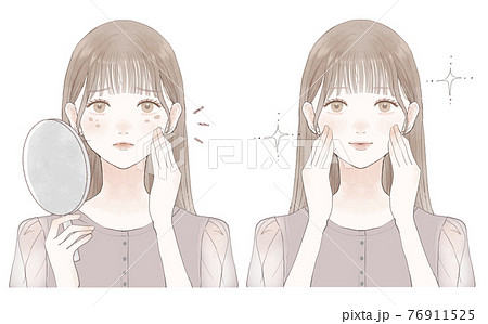 顔のシミを気にする女性のビフォーアフターのイラスト素材