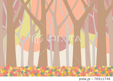 秋の紅葉と落ち葉と木立が美しい森のイラストのイラスト素材