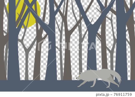 満月の夜の森を音もなく歩く一匹のオオカミのイラストのイラスト素材