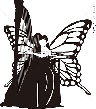 ハープを演奏する蝶の羽の女性 76912243