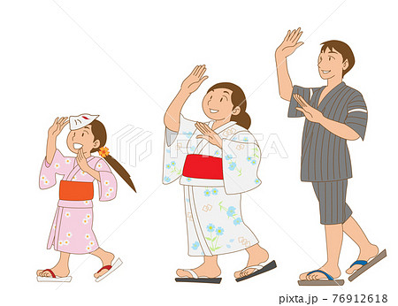 浴衣で盆踊りに参加する親子のイラスト素材