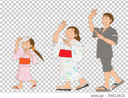 浴衣で盆踊りに参加する親子のイラスト素材
