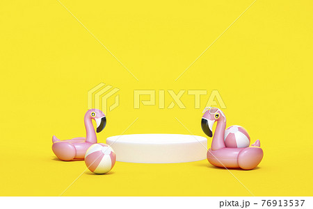 Pink Flamingo float, tropical bird shape inflatable swimming pool ring with white podium display stand on yellow background 3d rendering. 3d illustration Summer and travel minimal concept. Pink Flamingo float, tropical bird shape inflatable swimming pool ring with white podium display stand on yellow background 3d rendering. 3d illustration Summer and travel minimal concept. 76913537