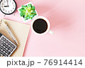 Still life, business, finance, working, meeting or planning concept : Top view or flat lay of notebook paper with pen, calculator, clock and coffee cup on pink background, ready for adding or mock up 76914414