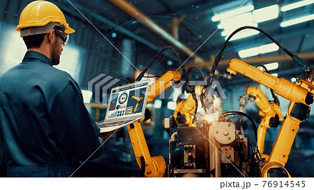 Smart industry robot arms modernization for digital factory tech Smart industry robot arms modernization for digital factory tech 76914545