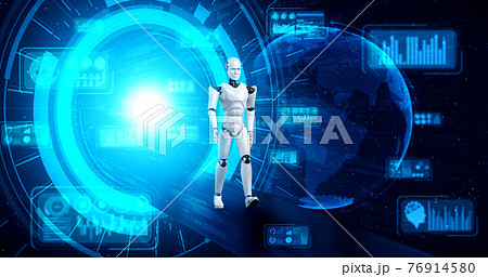 3D rendering robot humanoid in sci fi fantasy world 3D rendering robot humanoid in sci fi fantasy world 76914580