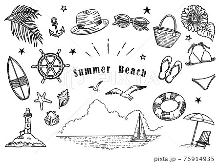 夏のビーチイラストセット 手描き線画 01のイラスト素材