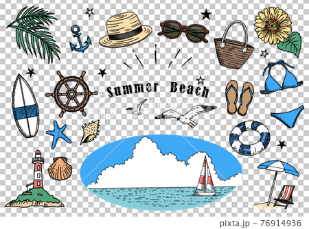 夏のビーチイラストセット 手描き線画 02のイラスト素材