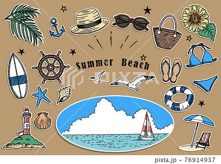 夏のビーチイラストセット 手描き線画 03のイラスト素材