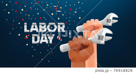 Labor day horizontal greeting card. Men hands with metal wrench Labor day horizontal greeting card. Men hands with metal wrench 76918826