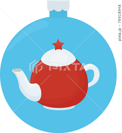 White and red teapot with red star. Cartoon llustration on blue christmas ball 76918948
