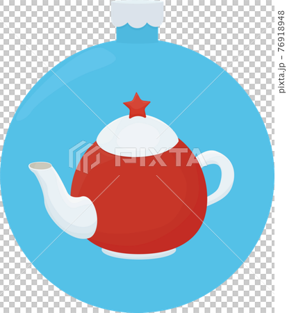 White and red teapot with red star. Cartoon llustration on blue christmas ball 76918948