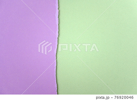 Light purple and green color torn papers abstract texture background. Blank matte papers combination. Free space. Top view, horizontal style. 76920046