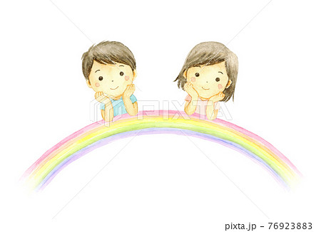 虹とほおづえをつく子どもの水彩イラスト 76923883