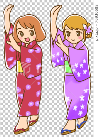 盆踊りをする若い女性ふたりのイラスト素材