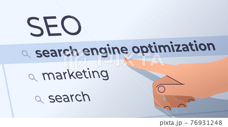 human hand choosing seo in search bar on virtual screen search engine optimization internet networking concept 76931248