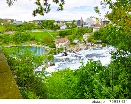 Largest waterfall in Europe by River Rhein in Switzerland 76933434