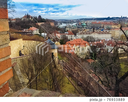 The aerial panorama of roofs at old town Prague, Czech republic 76933889