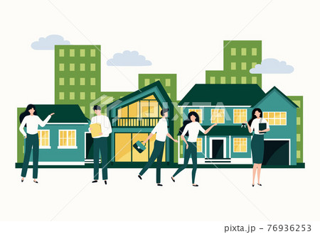 Real estate. Property purchase and mortgage concept. Agents show apartments by buyers. Modern house and cottage residence. Vector people buy or sale of residential buildings and offices 76936253