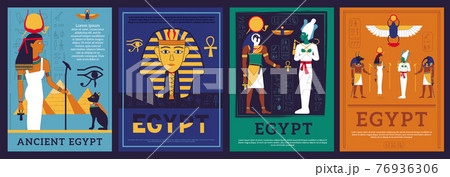 Egypt posters. Covers with Egyptian gods and goddess. Mythological religious symbols and hieroglyphic inscriptions. Ancient architecture buildings. Vector isolated historic banners set 76936306