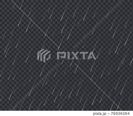 Rain. Realistic rainy texture. Falling water drops on transparent background. Storm with downpour mockup. Water streams and raindrops. Bad weather. Vector atmospheric precipitation 76936364