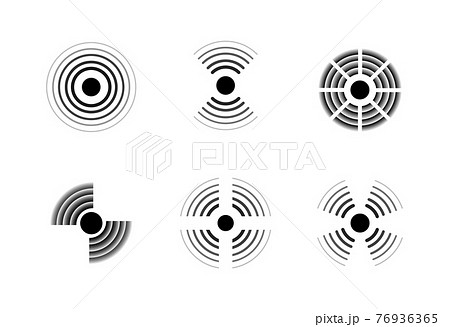 Radar signal icons. Sonic waves. Black and white military signs. Detection technologies symbols set. Dots and concentric circles. Minimal geometric elements. Vector sound equipment 76936365