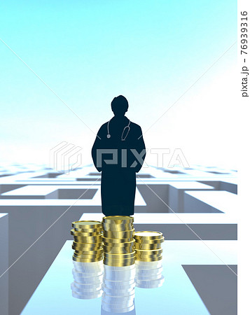 医者のシルエット男性　迷路　お金　CGイラスト縦 76939316