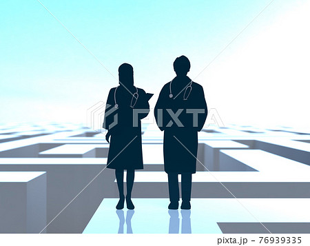 医者のシルエット女男　迷路　CGイラスト横 76939335