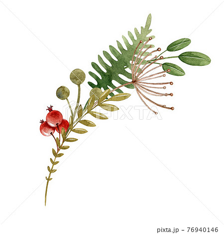 Floral natural forest arrangement. Watercolor illustration. Woodland element. Hand drawn rustic forest decor with fern, red berries and green leaves. Seasonal decoration isolated on white background 76940146