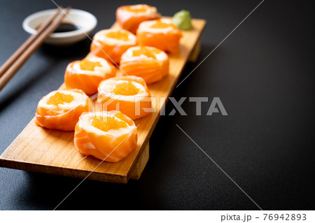 fresh salmon sushi roll with mayonnaise and shrimp egg fresh salmon sushi roll with mayonnaise and shrimp egg 76942893